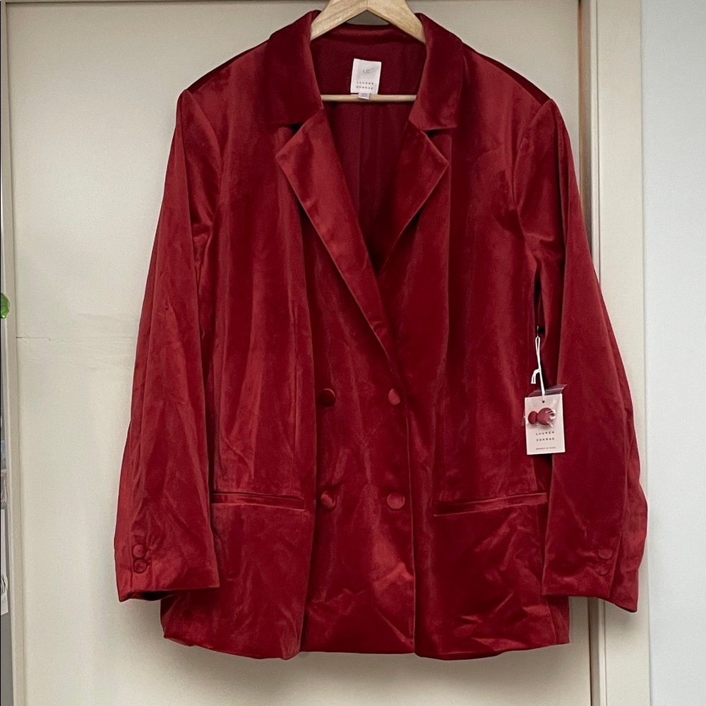 LC Lauren Conrad Red Velvet Double-Breasted Blazer